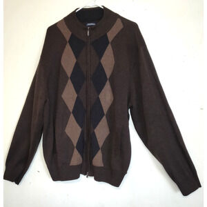 Consensus Argyle Men's Cardigan Zip Up Sweater XXL Brown Grandpacore Pockets